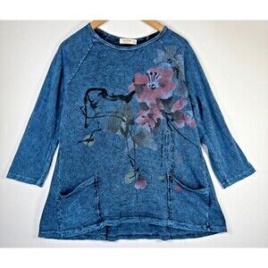 Jess and Jane Tunic Top Women Medium Blue Made in USA Floral Asian Print Pockets